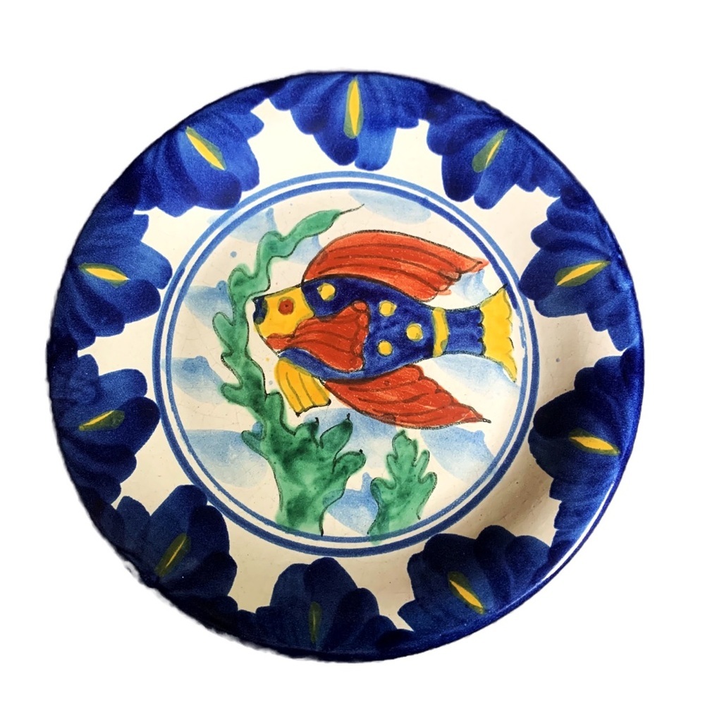 Dalores Hidalgo Folk Art Mexican Pottery Plate 8" Amora Fish Signed